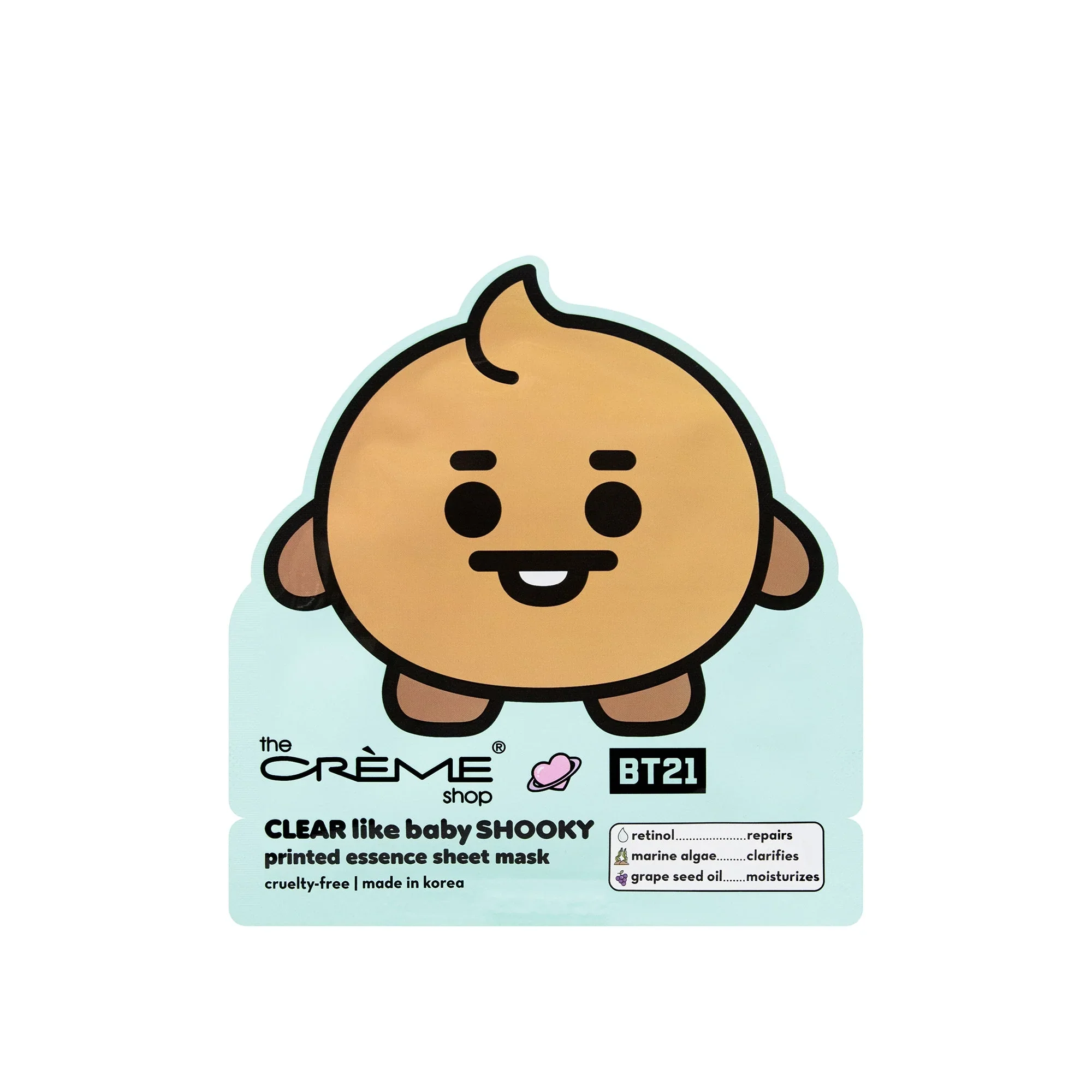 The Crème Shop x BT21 Baby CLEAR Like Baby SHOOKY Printed Essence Sheet Mask (Retinol, Marine Algae, Grape Seed Oil)